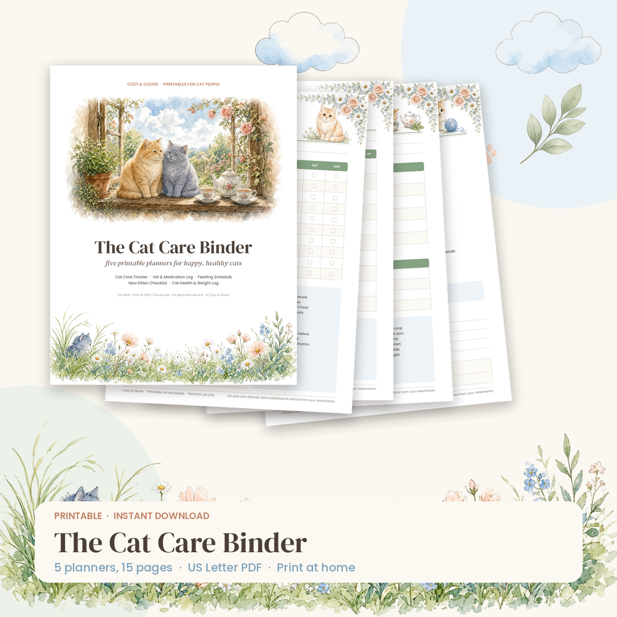 Cat Care Binder Printable Bundle | 5 Cat Planners PDF – Cozy & Clever