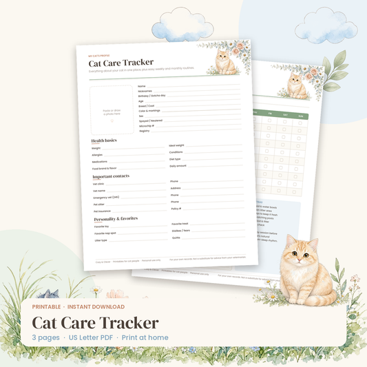 Cat Care Tracker – Printable Weekly & Monthly Cat Routine Planner - Cozy & Clever