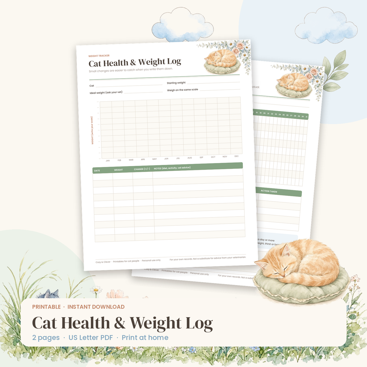 Cat Health & Weight Log – Printable Weight Chart & Daily Health Check - Cozy & Clever