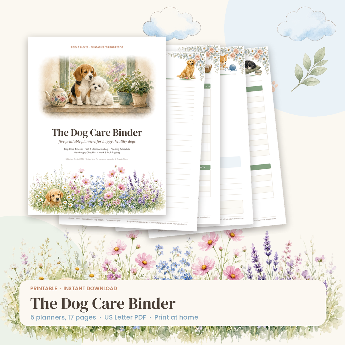 Dog Care Binder Bundle – 5 Printable Dog Planners (17 Pages) - Cozy & Clever