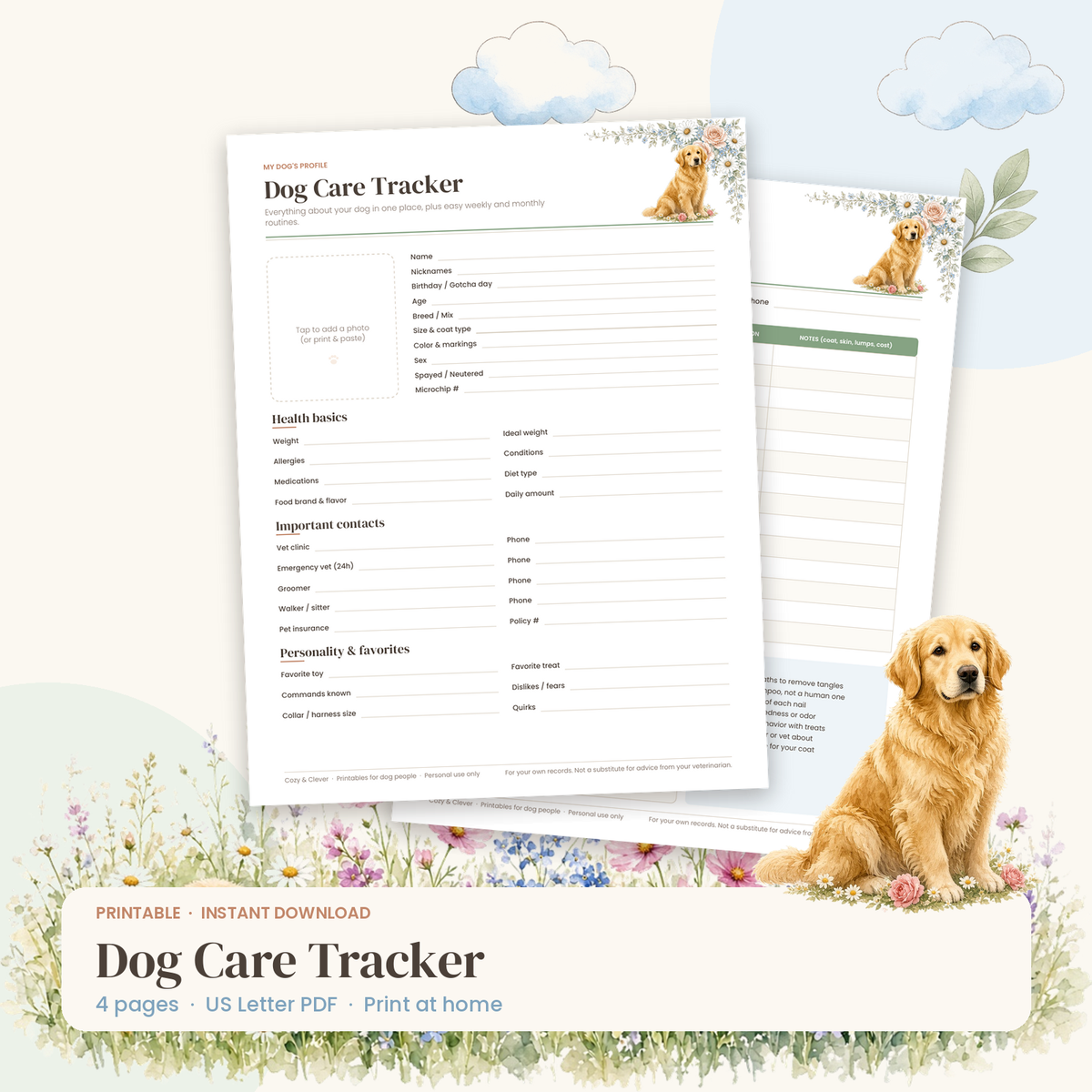 Dog Care Tracker – Printable Dog Profile, Weekly Routine & Grooming Planner - Cozy & Clever