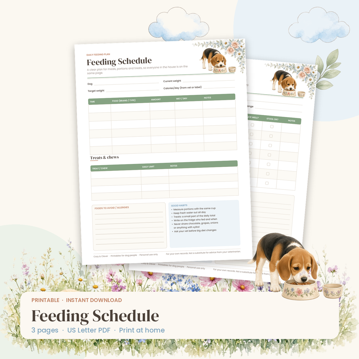 Dog Feeding Schedule – Printable Meal Plan, Weekly Chart & Food Switch Planner - Cozy & Clever