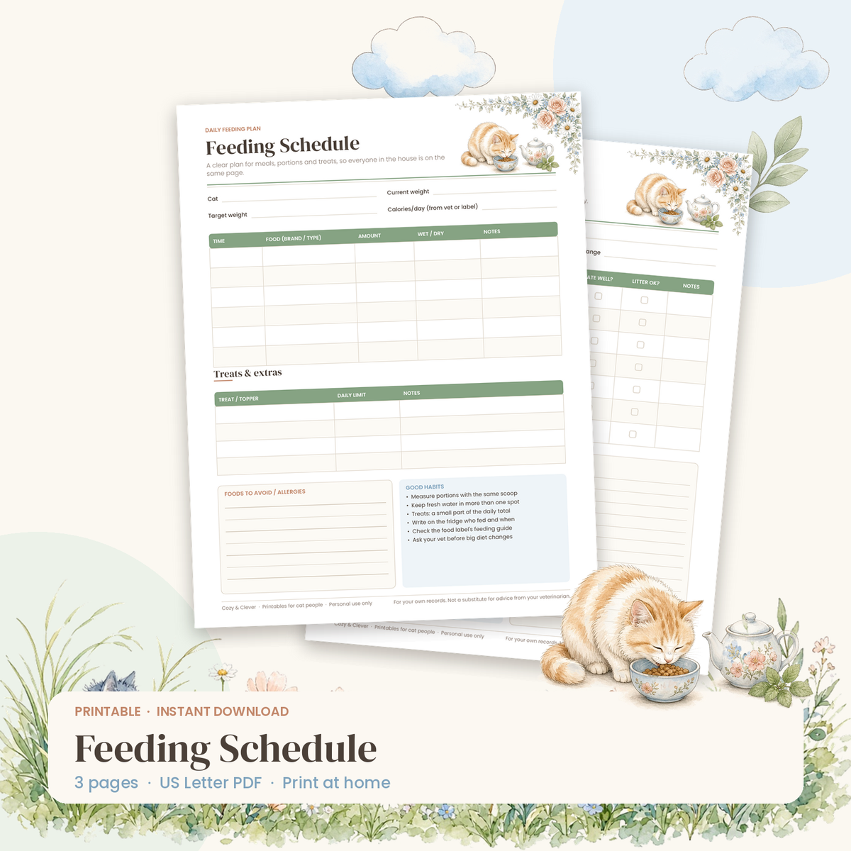 Cat Feeding Schedule – Printable Meal Plan, Weekly Chart & Food Switch Planner - Cozy & Clever