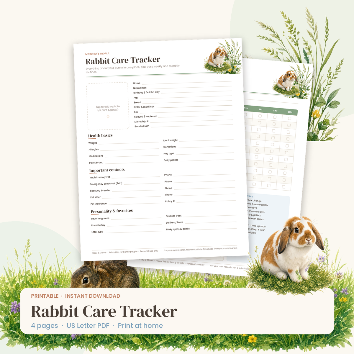 Rabbit Care Tracker printable preview