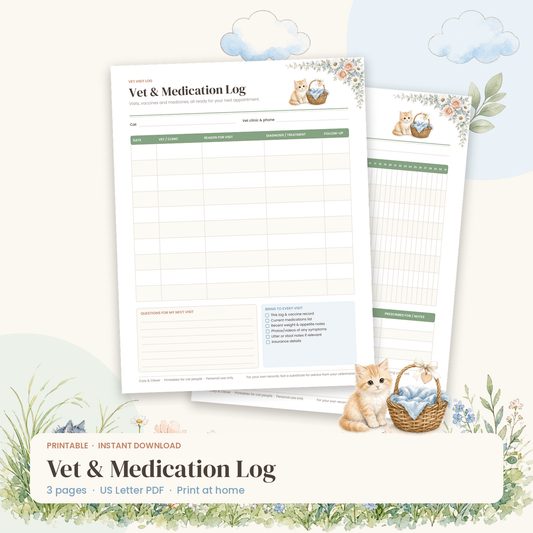 Vet & Medication Log – Printable Cat Vet Visit, Vaccine & Medicine Tracker - Cozy & Clever